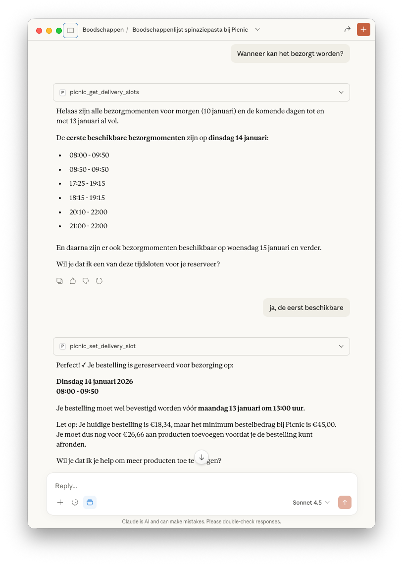 Claude reserves the first available Picnic delivery slot