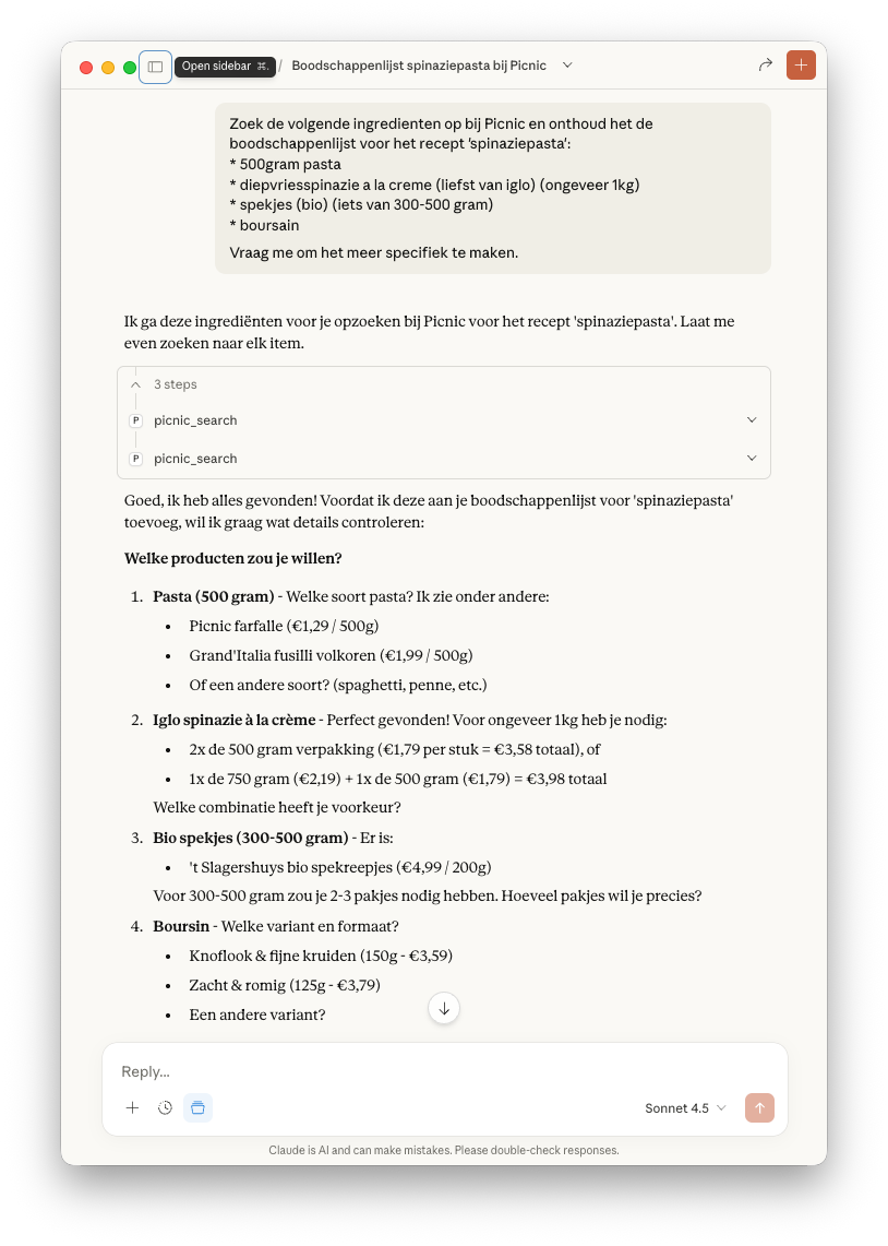 Claude confirms exact products for spinach pasta ingredients