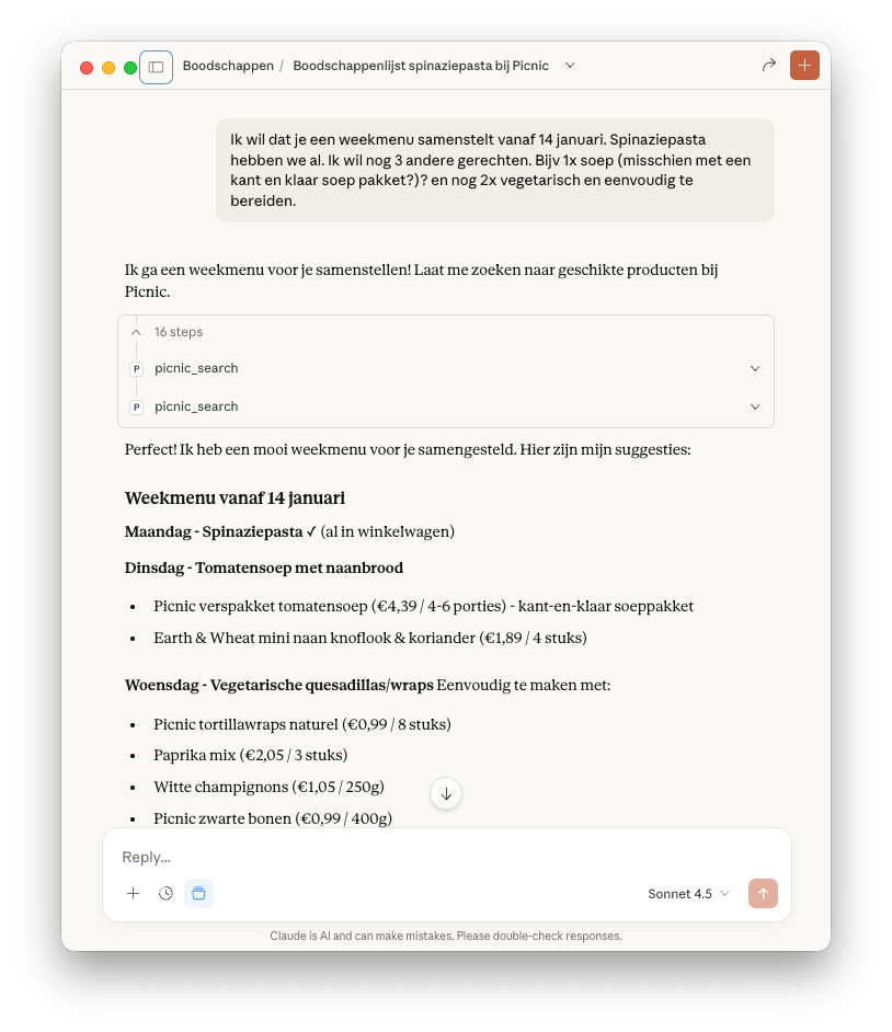 Claude proposes a full week menu from Picnic products